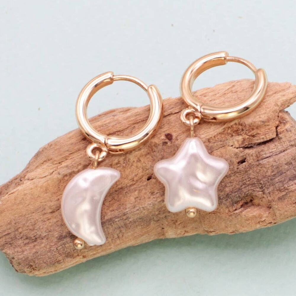 Mismatched Moon & Star Pearl Drop Gold Hoop Earrings